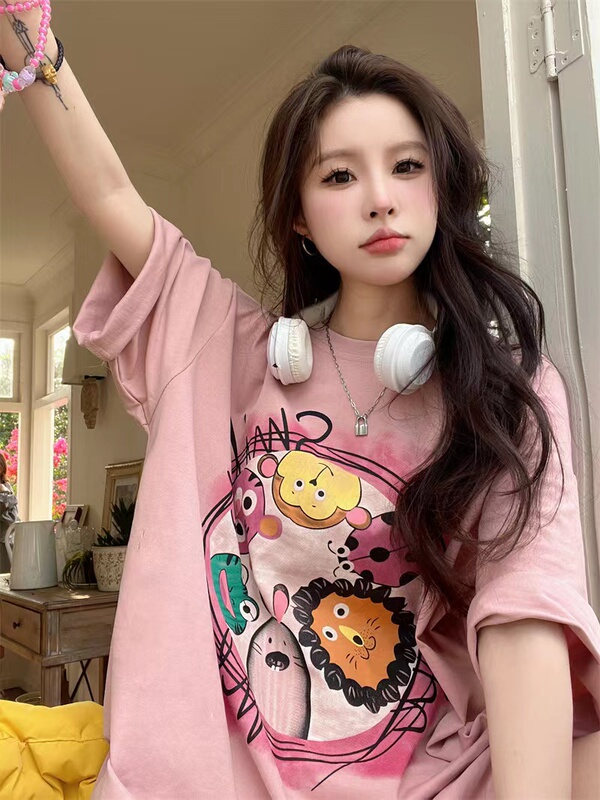 Cartoon Print Pink Short-Sleeved T-Shirt for Women ins Trendy Summer Half-Sleeved T-Shirt Casual Loose Lazy Style Versatile Top