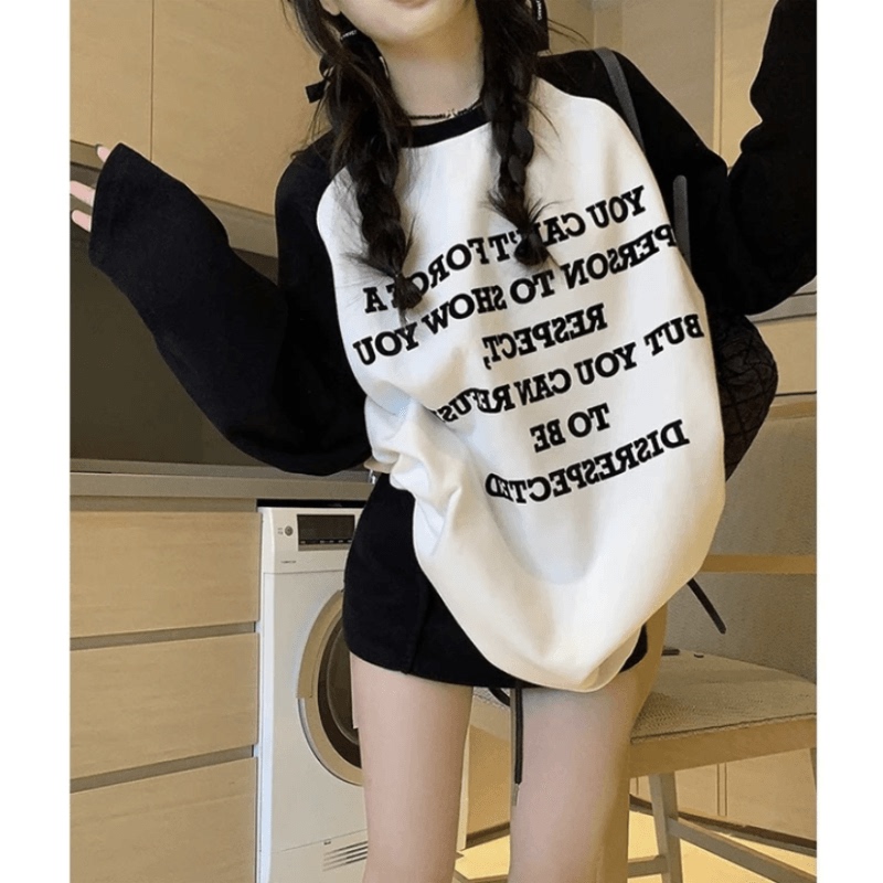 American Retro Long-Sleeve T-Shirt for Women, Spring and Autumn, Unique Design, Loose Fit, Oversized, Mid-Length, Covers the Hips, Trendy Top