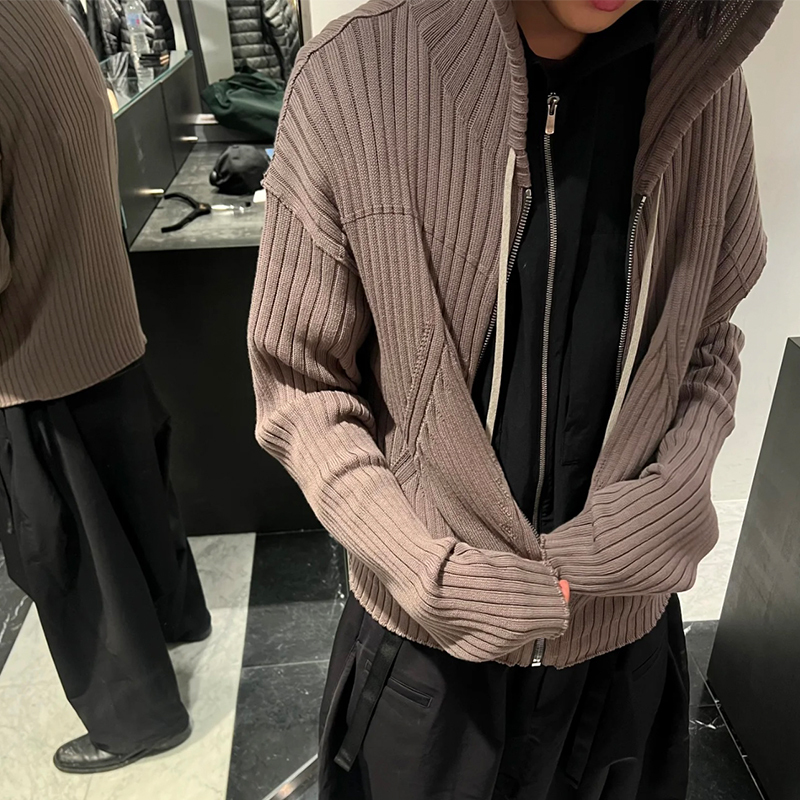 Ro Acbt Niche Solid Color Spiral Cotton Zipper Knit Drawstring Sweater Cardigan Jacket Dark Style