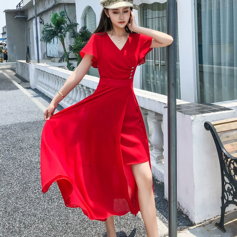 Mùa hè 2020 phụ nữ mới đi biển dài váy xòe mỏng voan đỏ rung váy đỏ - Váy eo cao