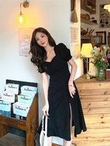 Temperament feminine tea break dress childrens god fan French retro slim sexy side split chiffon small black skirt