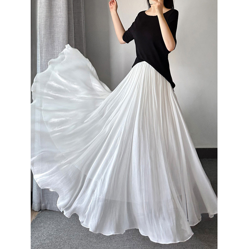 White Midi Skirt for Summer, Long with a Large Flowing Hem, Stunning Skirt, Pearlescent Tulle A-Line Slimming Long Skirt