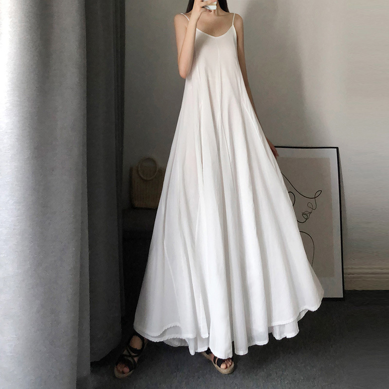 White Spaghetti Strap Dress for Women, Summer Long Cotton and Linen Dress, Super Fairy-Like Ankle-Length A-Line Dress with a Large Hem, Can Be Worn as an Inner Layer or as a Dress Itself
