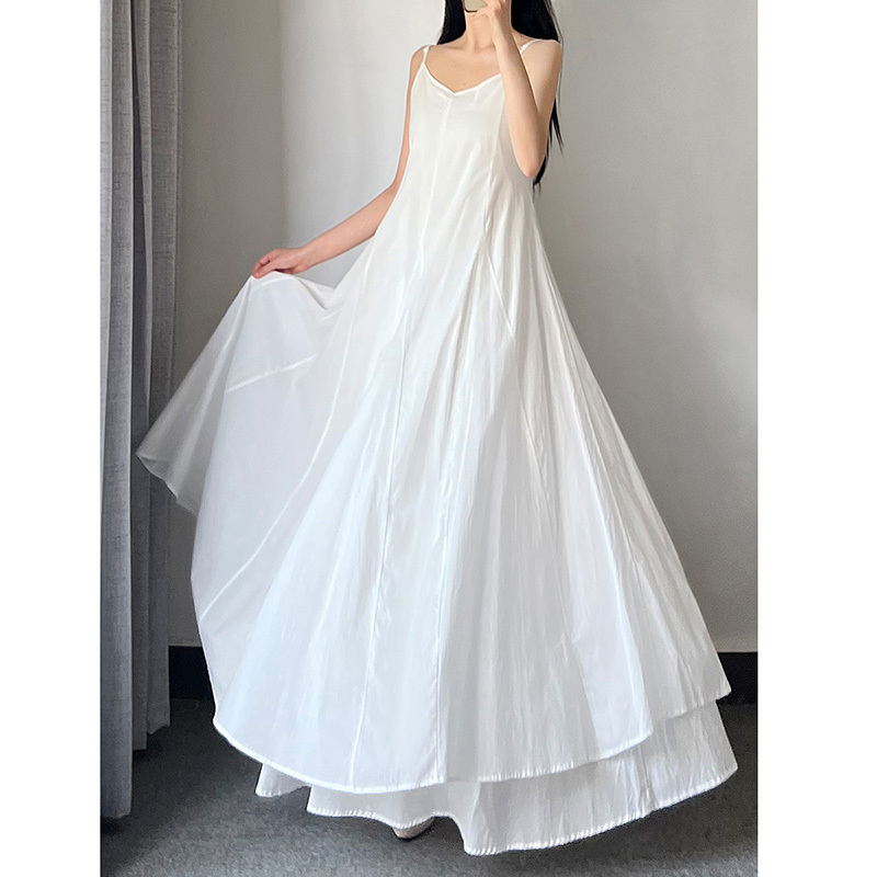 White Pure Cotton Spaghetti Strap Dress for Women, Summer Long Ankle-Length Flared Skirt, High-End Slimming Floor-Length Dress
