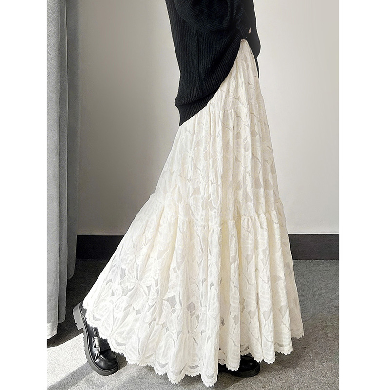 Spring and Autumn New Lace Skirt for Women, French Sweet Style, Extra Long Ankle-Length Tiered Skirt, Large Flare Fairy Skirt, White Spring and Autumn New Lace Skirt for Women, French Sweet Style, Extra Long Ankle-Length Tiered Skirt, Large Flare Fairy Skirt, White