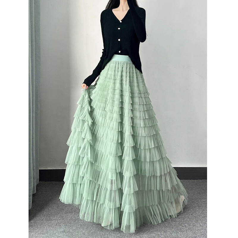 Mint Green Fairy Cake Skirt, Spring and Summer Dopamine Extra-Long Multi-Layered Large Hem Tulle Skirt, Ankle-Length Skirt