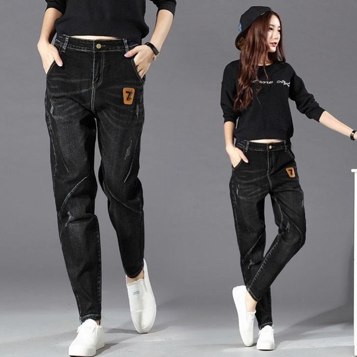 Spring Autumn Dark High Waisted Jeans Women Black Long Pants Straight Drum Kharen Pants Robe Pants Elastic Loose large size Size Slim