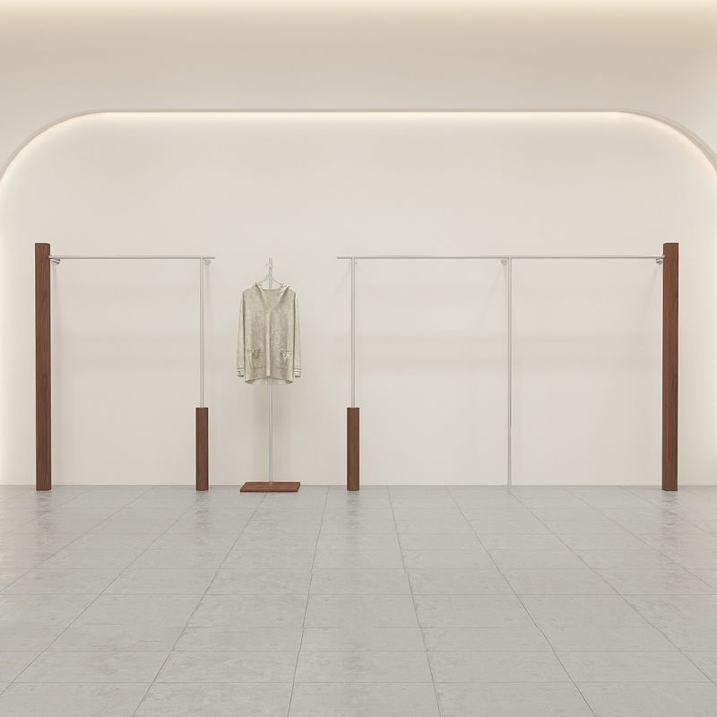 Clothing Store Display Racks, Wall-Mounted Display Racks, Clothes Racks, Stainless Steel Walnut Wood Racks, Special Shelves for Women's and Children's Clothing Stores