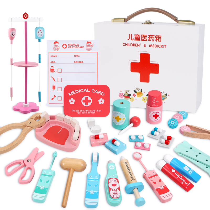 Children's doctor toy set Little nurse injection tools Wooden simulation medicine box Boys and girls baby play house wine
