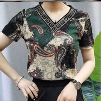 2021 summer new mother dress elastic temperament short sleeve base shirt V collar print pullover top slim T-shirt