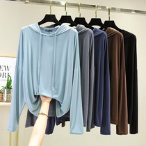 modal long sleeve hooded t-shirt womens summer bat sleeve loose plus size top outerwear drawcord pullover sunscreen thin