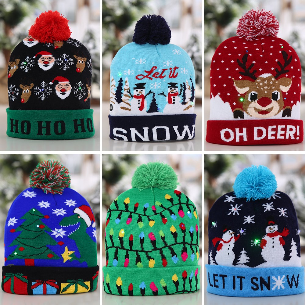 Christmas knitted hat with ball LED lamp cap Christmas knit cap