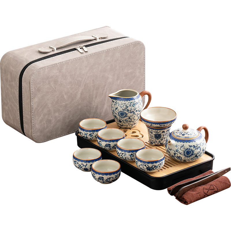 Blue and white Ru kiln travel tea set outdoor portable tea brewing small set National trend travel set 2024 new model