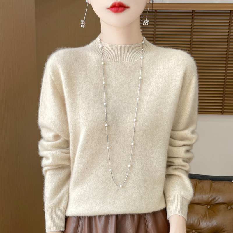 Spring Bamboo's New Autumn Style Half-Turtleneck 100% Pure Wool Sweater for Women, Slim-Fit Knitted Base Layer, Thin Merino Wool