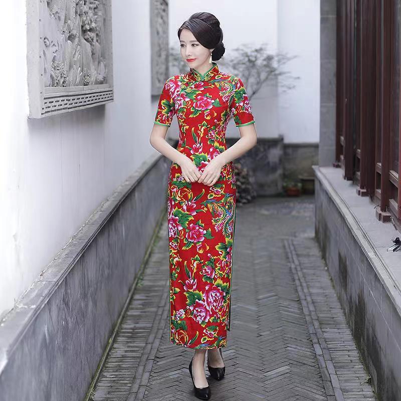 Summer New Style Northeast Floral Cheongsam, Internet Celebrity Style, Wedding Bridesmaid Mother-In-Law Dress, Women's Fashionable Slim-Fit Cheongsam