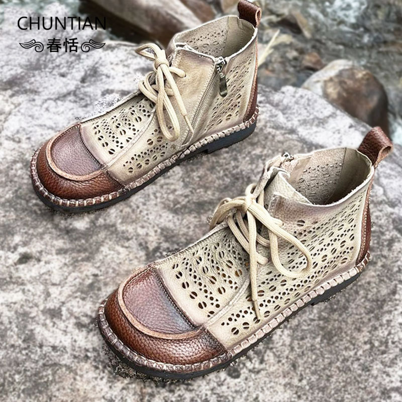 First-Layer Genuine Cowhide Hollow Martin Boots for Women, Spring and Summer Large-Toe Short Boots, 2026 New Style Soft Leather Soft-Soled Perforated Women's Shoes