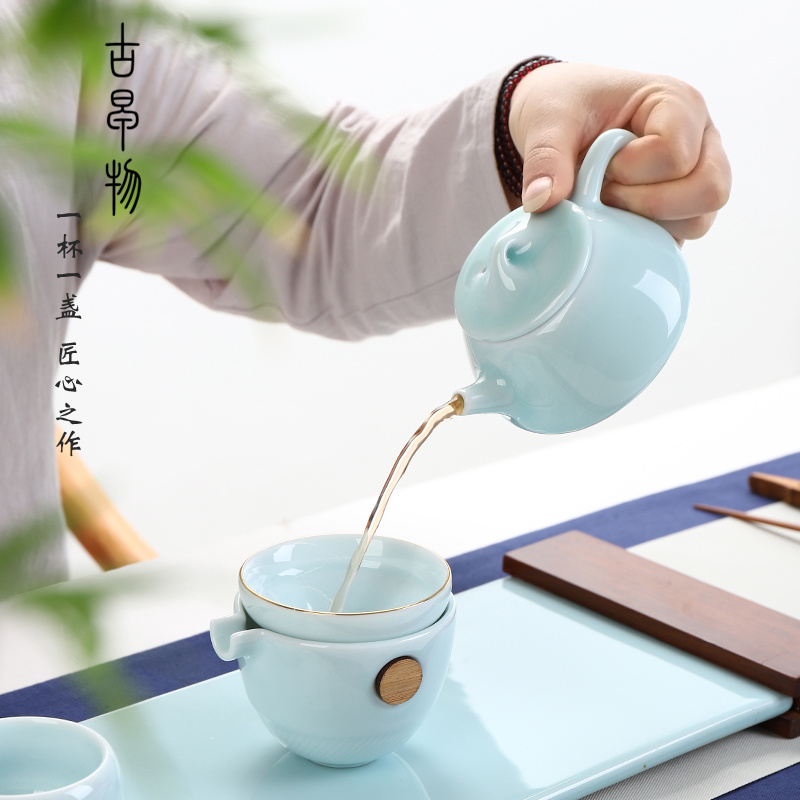 Shadow celadon xi shi pot of checking ceramic teapot single pot of Japanese contracted kung fu tea tea cup home