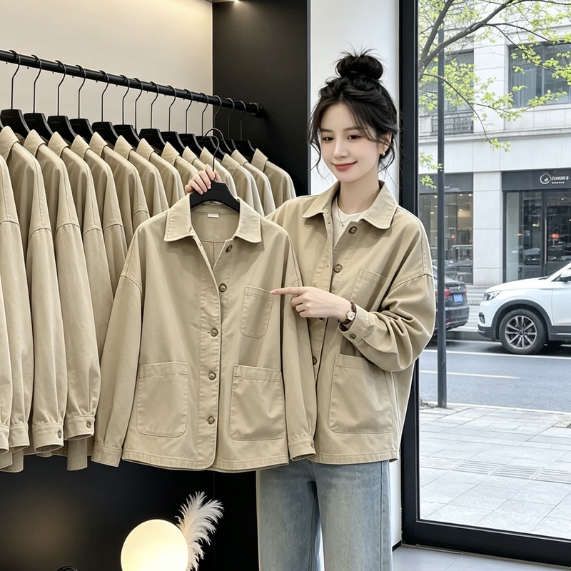 Lapel Work Shirt Jacket for Women 2026 Autumn New Versatile Loose Slimming Jacket for Petite Figures