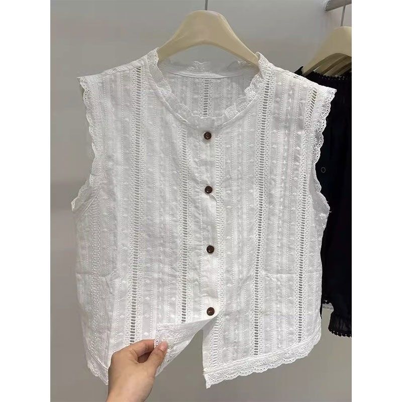 Brand Discount Store Counter Withdrawal 2025 Summer New White Lace Cut Out Sleeveless Shirt Chic Shirt