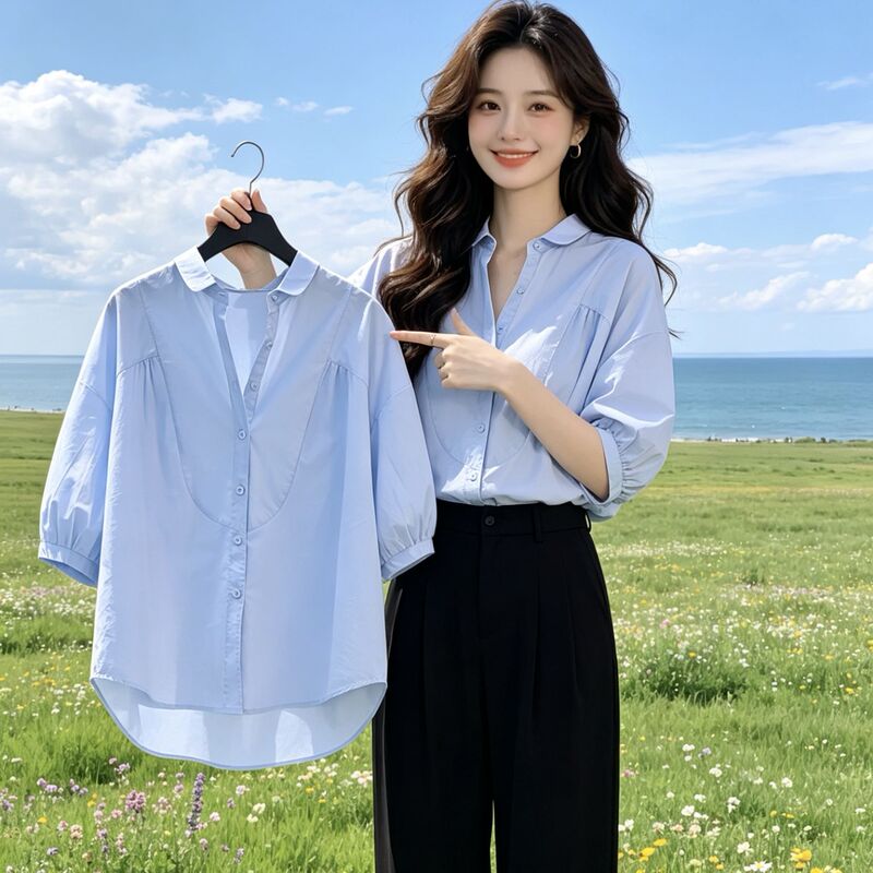 Artistic Spring and Summer New Slim-Fit Versatile Top Shirt with Three-Quarter Sleeves, Loose-Fitting Korean-Style Casual Shirt for Women