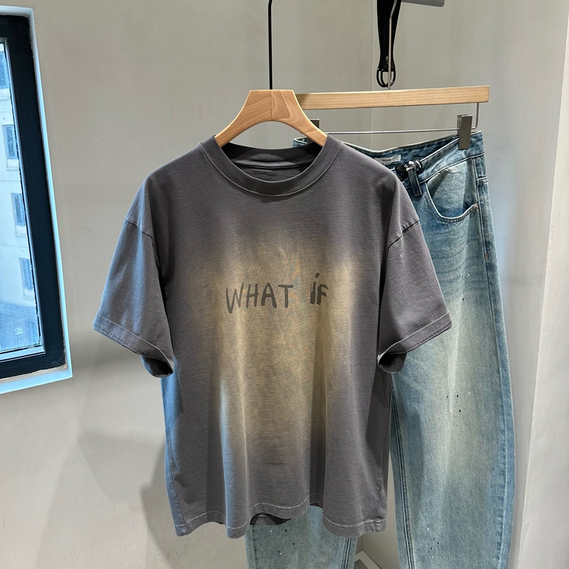 Introvert American Retro Washed Vintage Tie-Dye Gradient Short-Sleeve T-Shirt for Men, Loose Casual Versatile Half-Sleeve