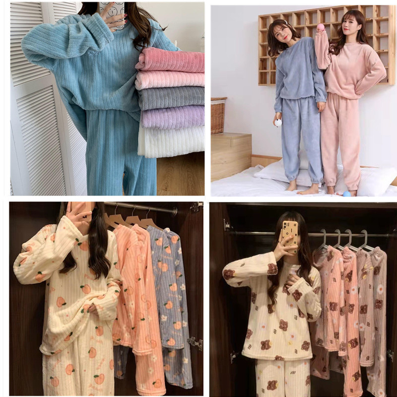 Autumn and Winter New Crescent City Peach Bear Fairy Warm Pants Set Coral Fleece Pajamas Women's Loungewear Set
