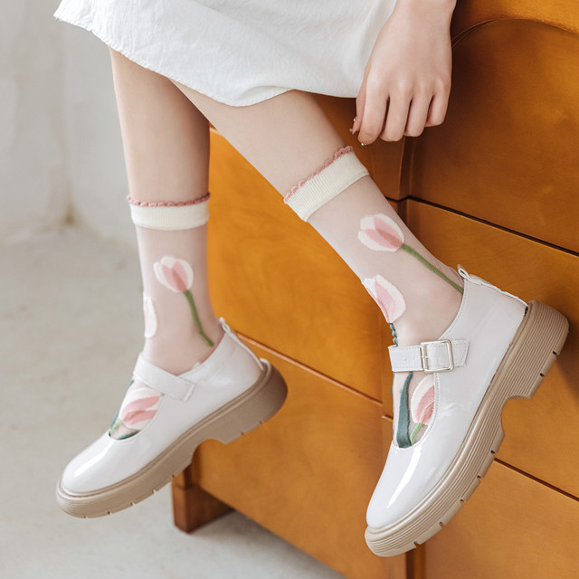Summer Thin Tulip Glass Cotton Low Breathable Mid-tube Socks Women's Card Silk Socks Girls Sweet and Cute Japanese All-Match