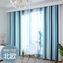 Simple Nordic style modern living room bedroom bay window Mediterranean custom curtains shading striped cotton and linen curtains finished products