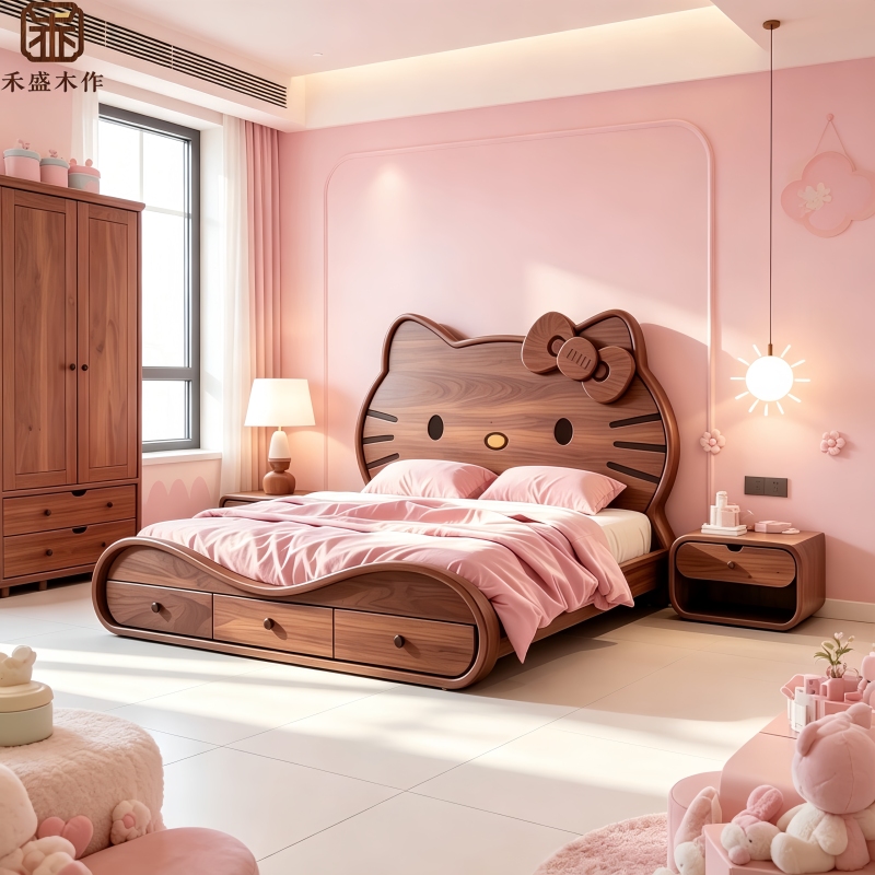 New Chinese-Style North American Black Walnut Solid Wood Bed Hello Kitty Children's Bed Song-Style Aesthetic Cartoon Double Bed New Chinese-Style North American Black Walnut Solid Wood Bed Hello Kitty Children's Bed Song-Style Aesthetic Cartoon Double Bed