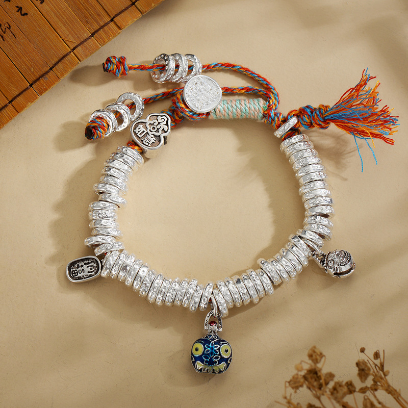 New Gold-Swallowing Beast Pure Silver S999 Coiled Bracelet with Fortune Gourd, Hand-Woven Bracelet for Good Luck and Wealth, Women's Bracelet