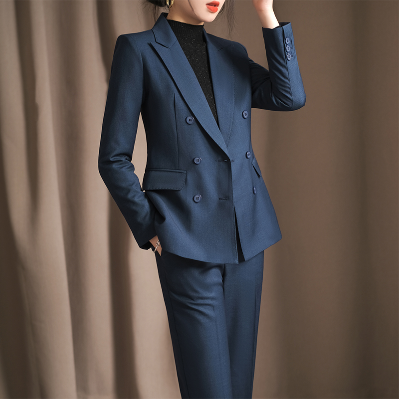 Blue Professional Suit Set for Women, Autumn Season, Petite Size, High-End Elegant Slim-Fit Formal Blazer Workwear