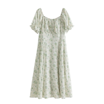 Single bundle plus size womens French romantic dress summer new green small fresh printed waist square neck skirt