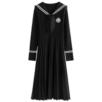 Single-bundle plus-size womens college style navy collar knitted dress for women who are fat in autumn and winter slimming and contrasting color little black skirt
