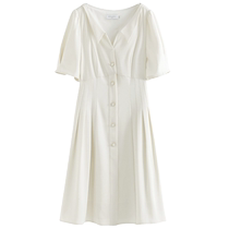 Single-bundle plus-size womens clothing (three colors available) French high-waist pleated slimming dress 2022 summer new style