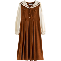 Single bundle plus size womens contrasting color age-reducing navy collar dress winter new style slightly fat MM high waist slimming A-line skirt