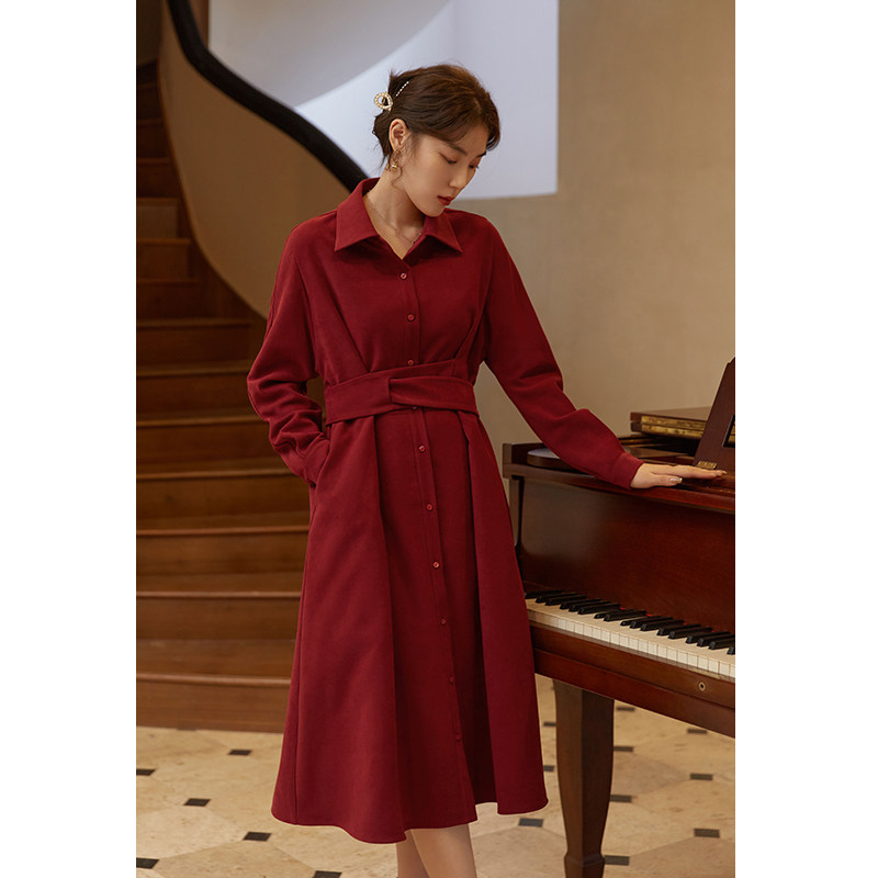 Solo bouquet Shirt Style Temperament Red Tandem Dress Lady Autumn Winter 2021 New Fat MM Lace to receive waist A word dress-Taobao