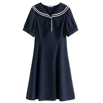 Single-bunch plus size womens navy collar contrasting edge dress 2024 new summer style age-reducing playful daily versatile skirt