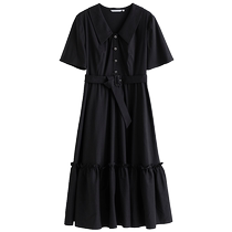 One-piece large size French V-neck lace-up waist dress summer pear-shaped fat MM slimming Hepburn style little black dress