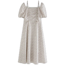 One-piece plus size womens Korean style elegant square neck floral dress summer sweet puff sleeves