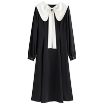 Single-bunch large size French V-neck contrasting color splicing dress for women in autumn new style slightly fat MM slimming temperament mid-length skirt