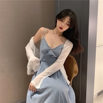 Blue net dress dress sweet salt set 2021 summer old with suspender skirt gentle sweet dress