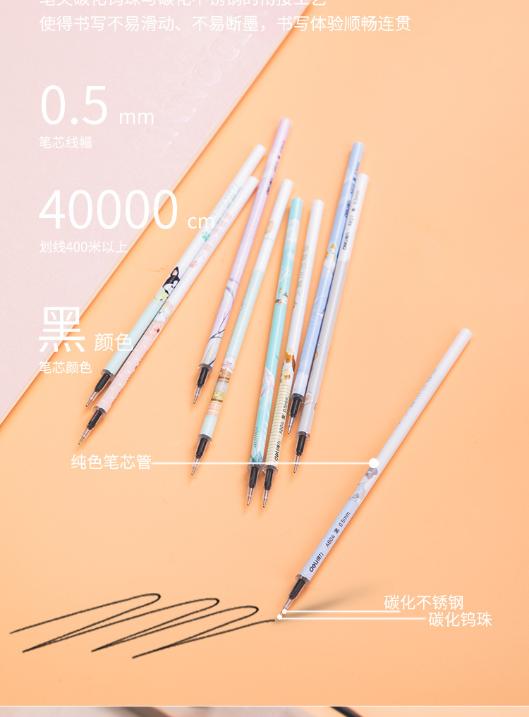 得力可爱小清新学生笔芯0.5全针管黑色60支装超萌卡通风格中性笔芯 得力可爱小清新学生笔芯0.5全针管黑色60支装超萌卡通风格中性笔芯