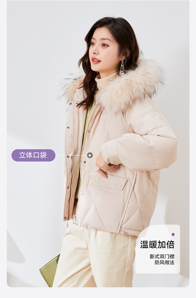 冰洁 22年秋季款 貉子毛领 女式短款连帽羽绒服 双重优惠折后￥199包邮 4色可选