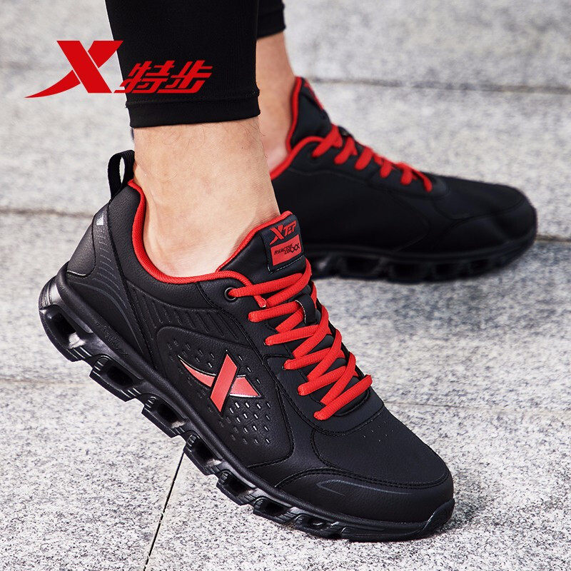 Xtep men's shoes sneakers autumn brand leather surface waterproof casual shoes pure black running shoes raised running shoes
