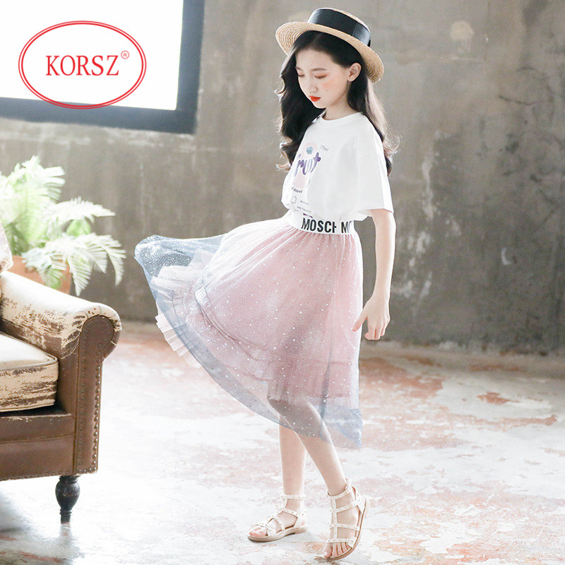 Girls suit dress summer dress 2021 new children's foreign school dress summer big children two-piece set princess yarn skirt