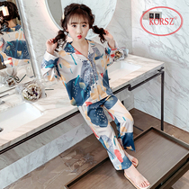Childrens pajamas Girls spring and autumn ice silk long-sleeved suit thin summer girls medium and large childrens silk air conditioning home clothes