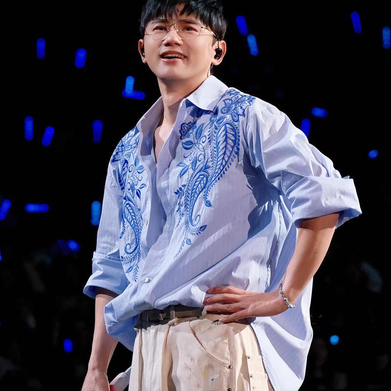 Zhang Jie's Concert-Style Shirt, Long-Sleeved, Collared, Blue with Floral Embroidery Design, High-End Feel, Unisex Trendy Brand
