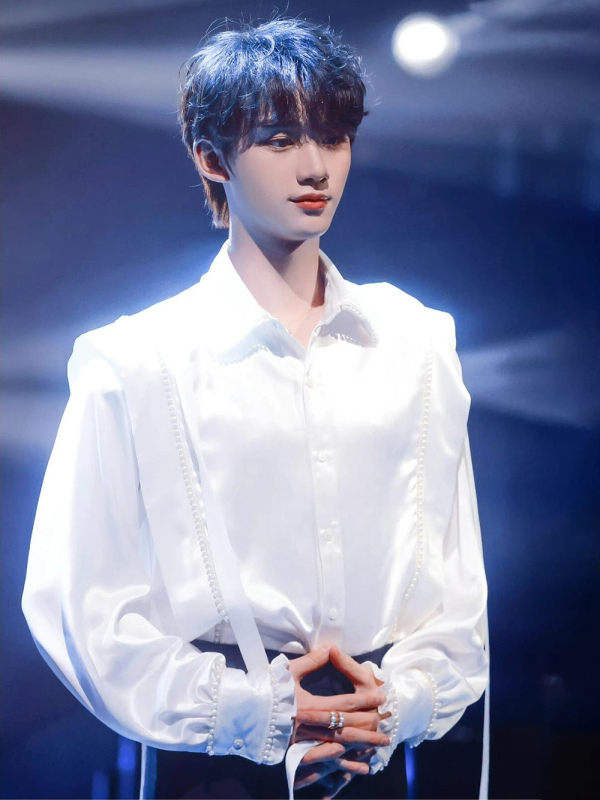 Ding Chengxin's Same Style White Pearl Shirt, Fashionable Trendy Brand Long-Sleeve Top with a Turn-Down Collar, Breathable Casual Shirt for Men