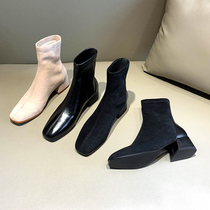 Flat head short boot female fit big coat coarse heel square root half boots children ins net red skinny boots pure leather boots