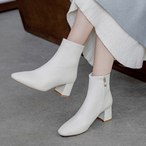 2021 new genuine leather short boots female spring autumn single boot white square head single boot coarse heel Martin boots with small and half boots
